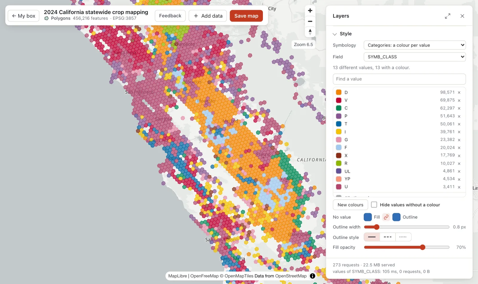 Central California zoomed out: hexagons coloured by the leading crop type of the fields each one holds, along the Central Valley and the coast
