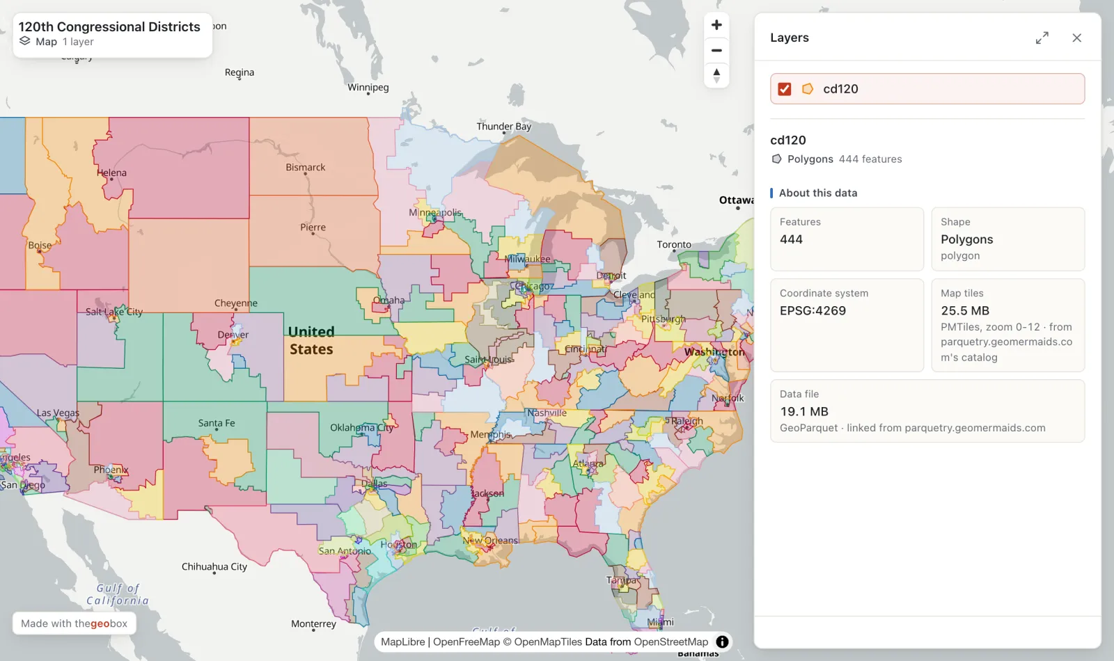 A public Geobox map of the 444 districts of the 120th US Congress, each in its own colour, with the layer's details on the right