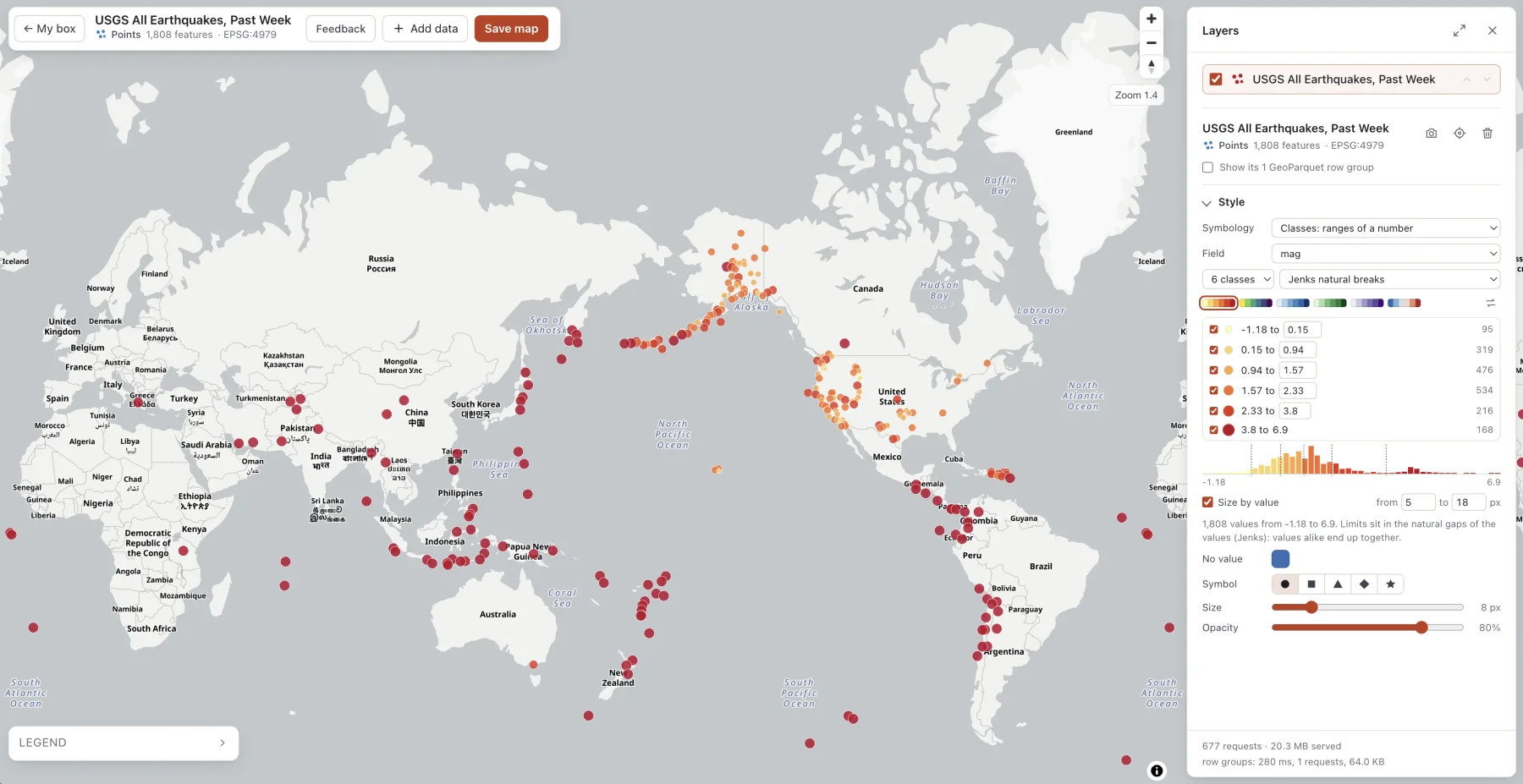 A week of earthquakes worldwide, coloured from yellow to red by magnitude in six Jenks classes and sized by value along the Pacific Ring of Fire, with the style panel showing the classes, their counts and a histogram