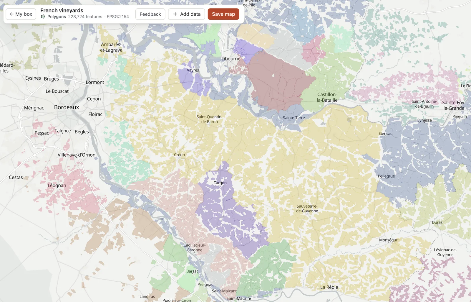 Vineyard parcels around Bordeaux in the Geobox map viewer, each wine appellation in its own colour, from Saint-Émilion to Entre-deux-Mers and the Graves